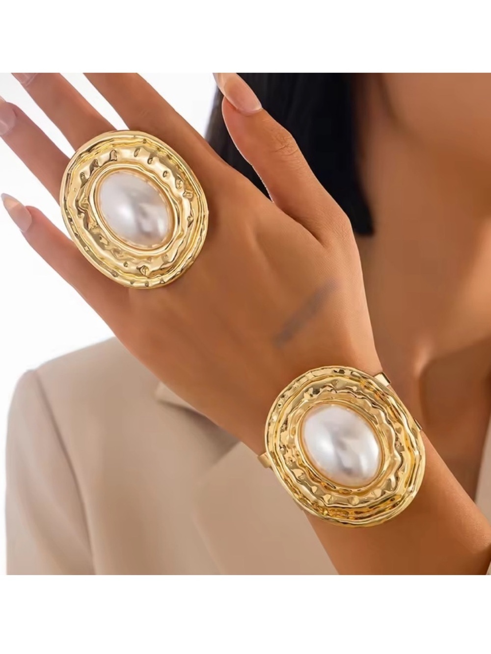 New! Estate Baroque Gold Pearl Statement Cuff Bracelet and Ring Set